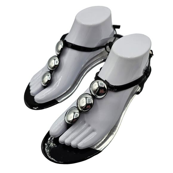 Enzo Angolini Womens Sz 8 1/2 Ankle Strap Sandals Black Silver Studs Flip Flops - Picture 1 of 7